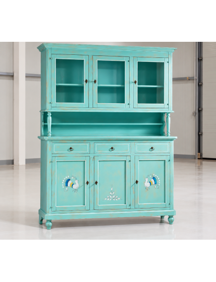 CRISTALLIERA 3 PORTE 3 CASSETTI SHABBY VINTAGE VERDE CONSUMATO