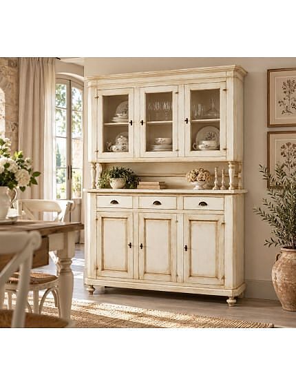 CRISTALLIERA 3 PORTE 3 CASSETTI SHABBY VINTAGE BIANCO PATINATO 160x50x221