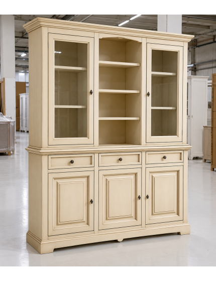 CRISTALLIERA CON VETRINA IN LEGNO 3 ANTE SHABBY CHIC AVORIO ANTICAT...