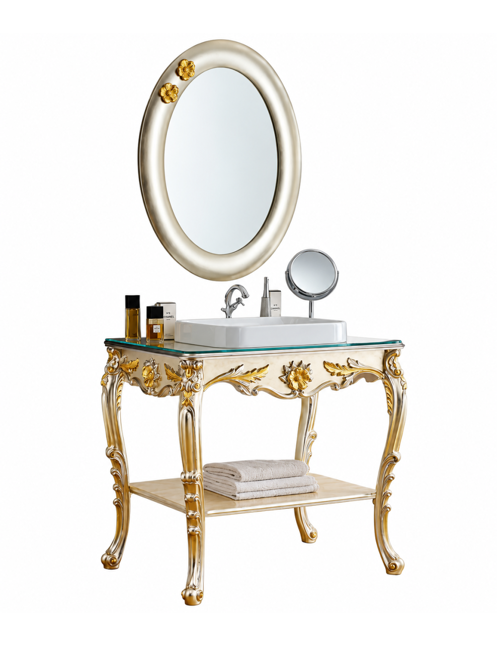 Mobile Arredo Bagno Barocco Foglia Argento e Dettagli Oro 85 cm