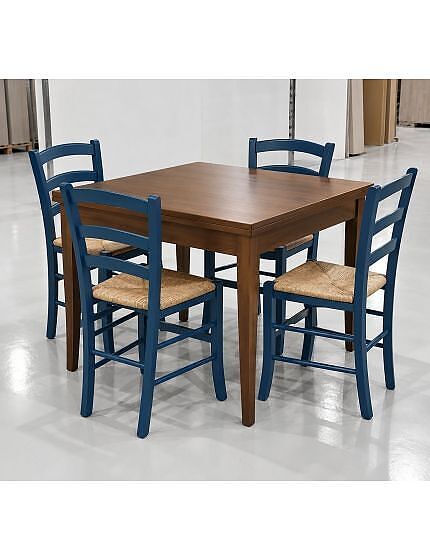Set tavolo quadrato a libro noce 90x90 100x100 allungabile con 4 sedie azzurro