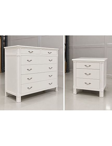 Gruppo cassettiera e due comodini legno shabby provenzale bianco