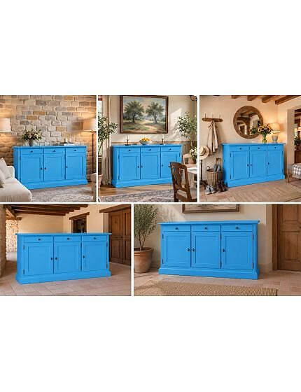 Madia Credenza arte povera Legno 3 Porte azzurro 156x42x85
