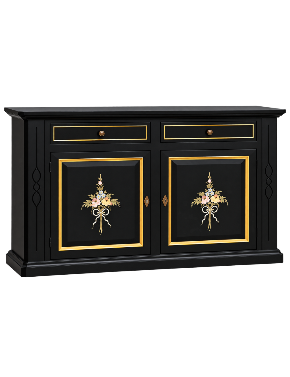 Credenza Madia in Legno Nero Shabby Chic Dettagli Oro | 2 Ante e Cassetti