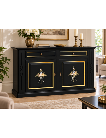 Credenza Madia in Legno Nero Shabby Chic Dettagli Oro | 2 Ante e Cassetti