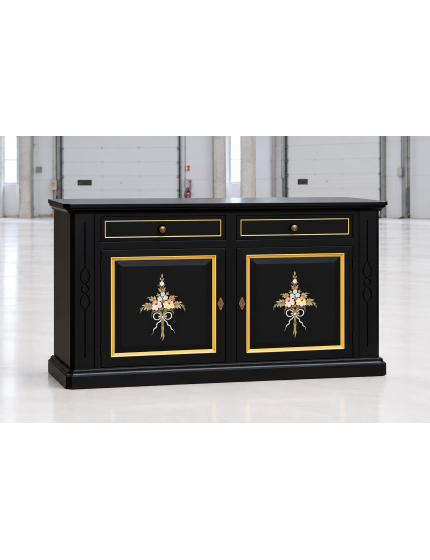Credenza Madia in Legno Nero Shabby Chic Dettagli Oro | 2 Ante e Cassetti