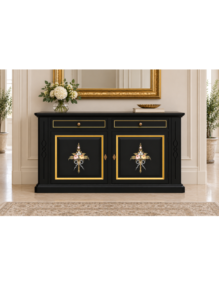 Credenza Madia in Legno Nero Shabby Chic Dettagli Oro | 2 Ante e Cassetti