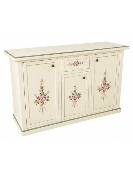 Credenza 3 porte 1 cassetto Avorio con Profili e Decorazioni Verdi 120x39x85