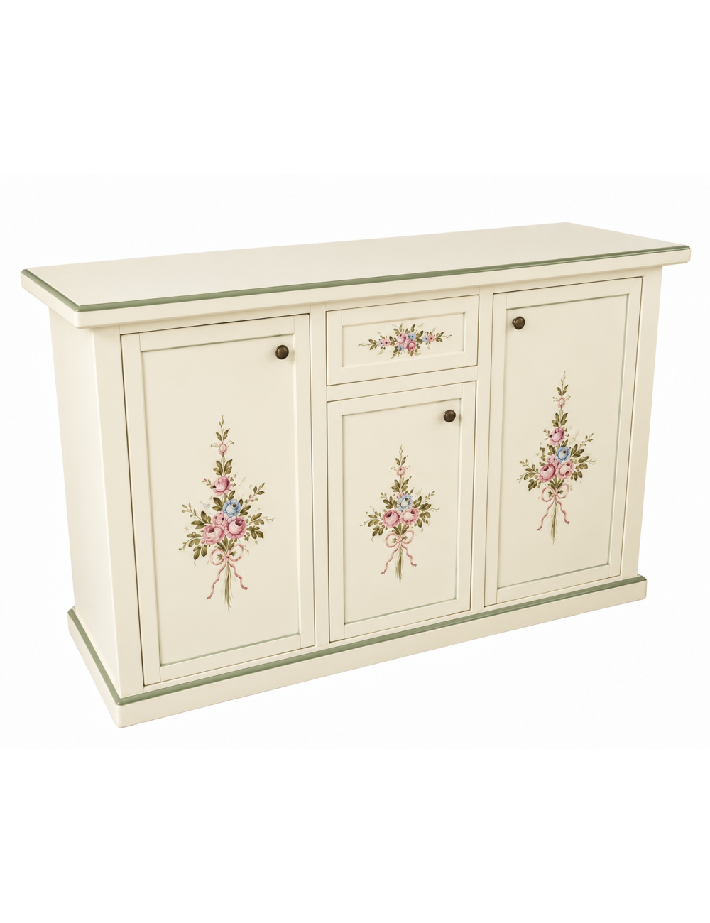 Credenza 3 porte 1 cassetto Avorio con Profili e Decorazioni Verdi 120x39x85
