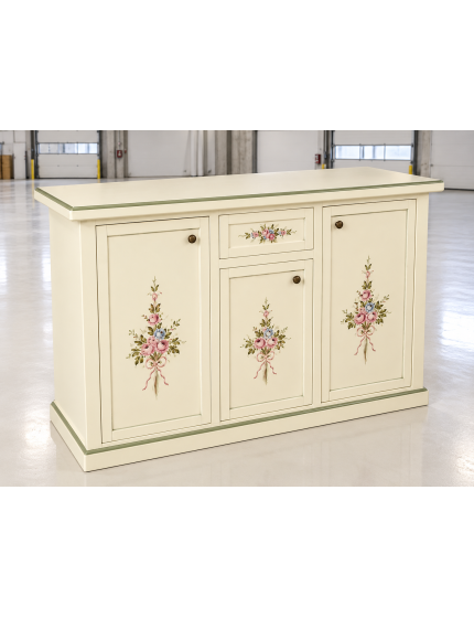 Credenza 3 porte 1 cassetto Avorio con Profili e Decorazioni Verdi 120x39x85
