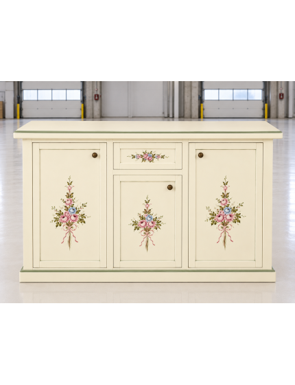 Credenza 3 porte 1 cassetto Avorio con Profili e Decorazioni Verdi 120x39x85