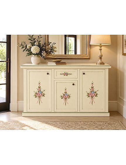 Credenza 3 porte 1 cassetto Avorio con Profili e Decorazioni Verdi 120x39x85