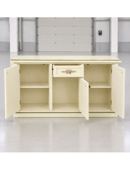 Credenza 3 porte 1 cassetto Avorio con Profili e Decorazioni Verdi 120x39x85