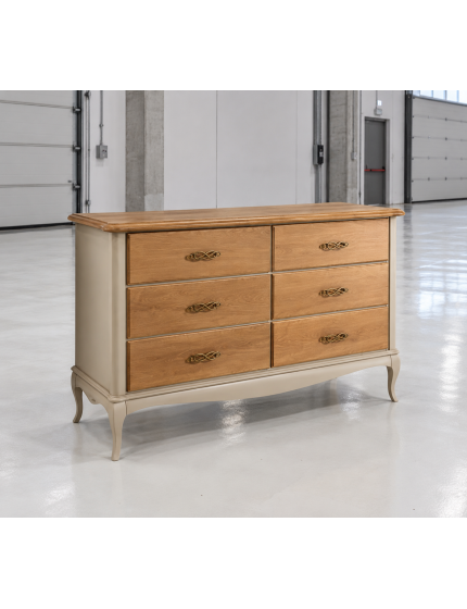 Gruppo cassettiera e due comodini legno shabby bicolore noce grano tortora patinato