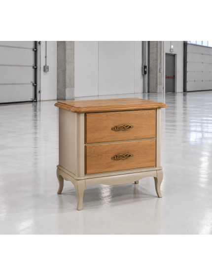 Gruppo cassettiera e due comodini legno shabby bicolore noce grano tortora patinato