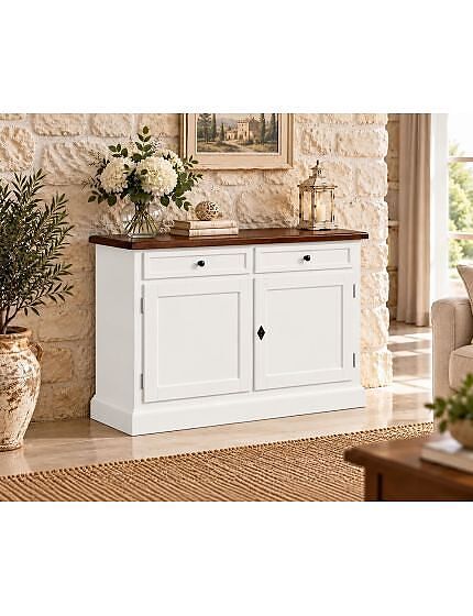 Madia Credenza 2 Ante 2 Cassetti Shabby Bianco e Noce 105x42x85 cm