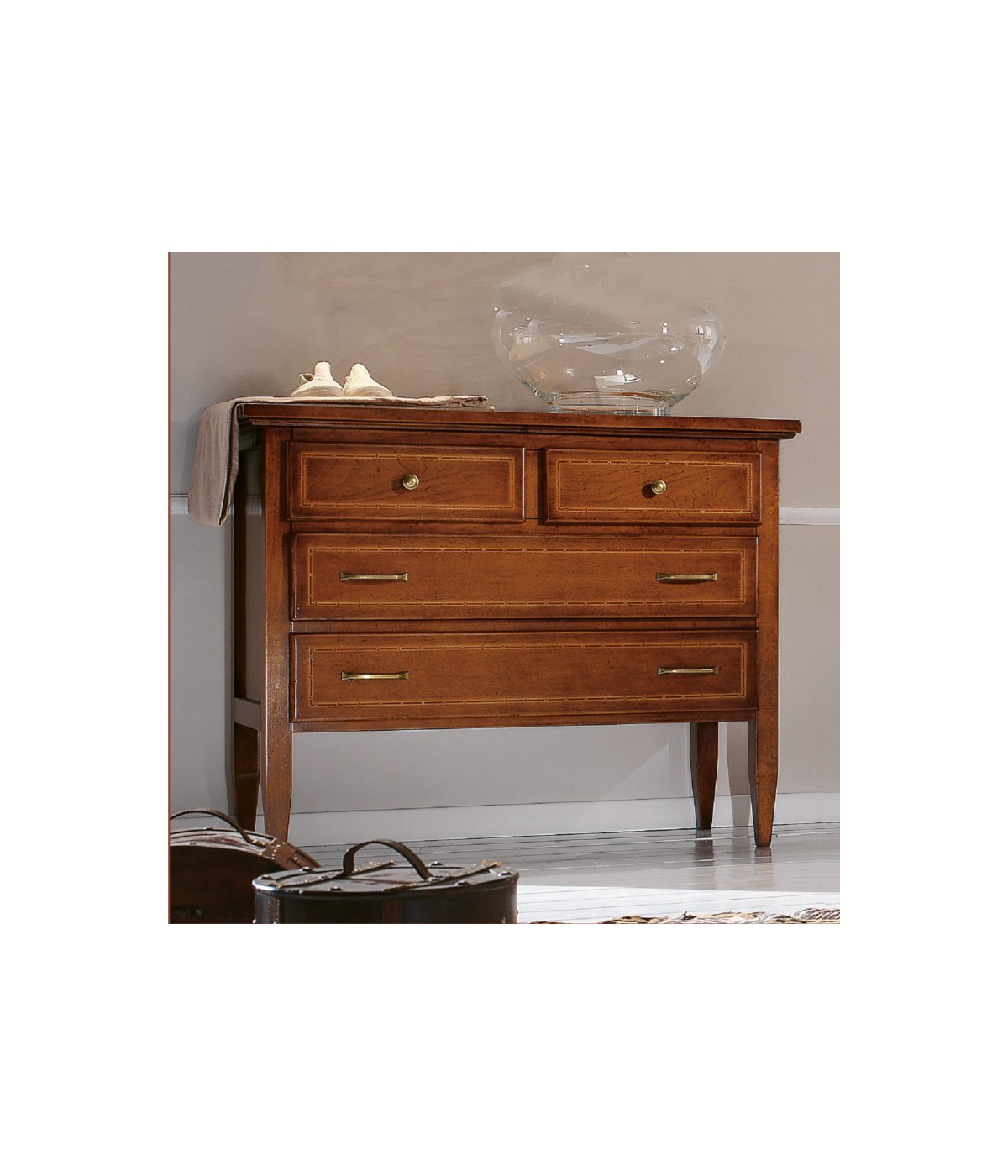 MOBILI 2G - COMO' IN LEGNO 4 CASSETTI INTARSIATO L.110 x P.51 H.90