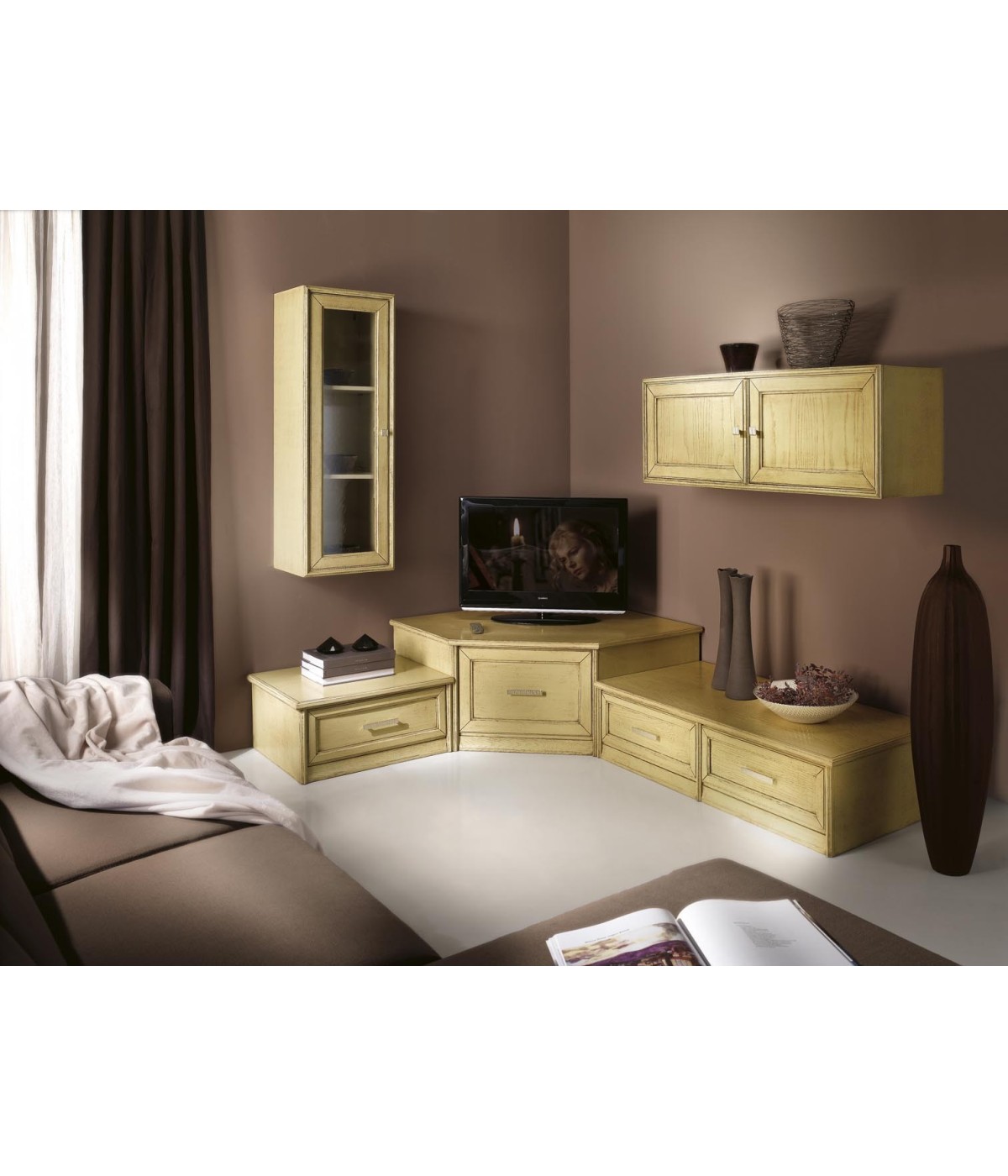 MOBILI 2G - PARETE ATTREZZATA PORTA TV IN LEGNO LACCATO AVORIO