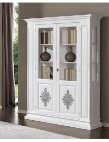 MOBILI 2G - VETRINA 2 PORTE IN LEGNO INTAGLIATA SHABBY BIANCO L.155 x P.48 H.215 (2178)