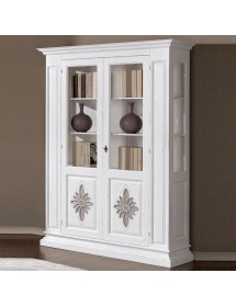 MOBILI 2G - VETRINA 2 PORTE IN LEGNO INTAGLIATA SHABBY BIANCO L.155 x P.48 H.215 (2178)