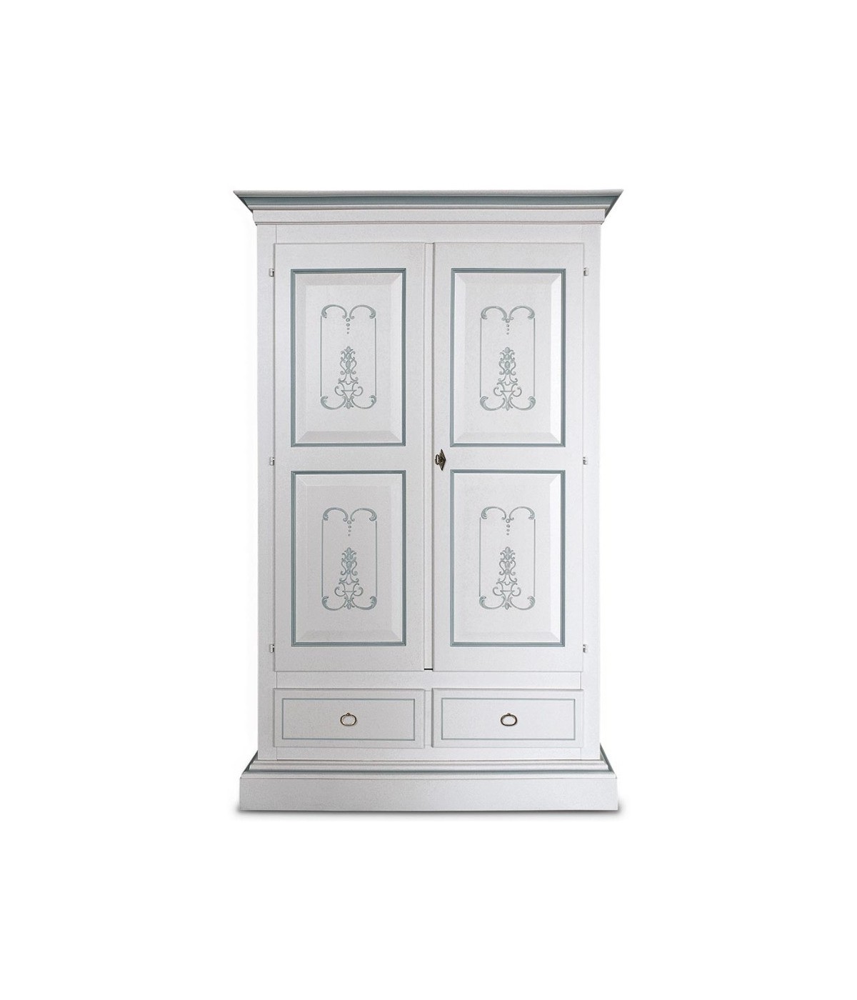 MOBILI 2G - Armadio classico 2 porte legno bianco e filetti azzurro cenere 128x61x200