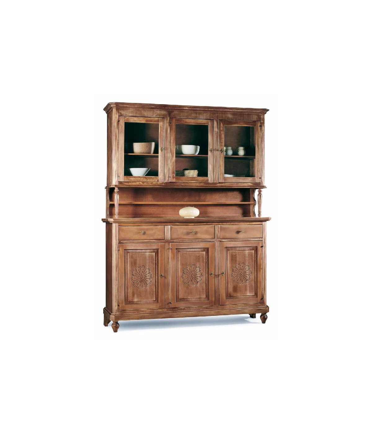 MOBILI 2G - CRISTALLIERA 3 PORTE 3 CASSETTI SHABBY VINTAGE NOCE CONSUMATO