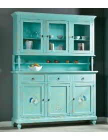 MOBILI 2G - CRISTALLIERA 3 PORTE 3 CASSETTI SHABBY VINTAGE VERDE CONSUMATO