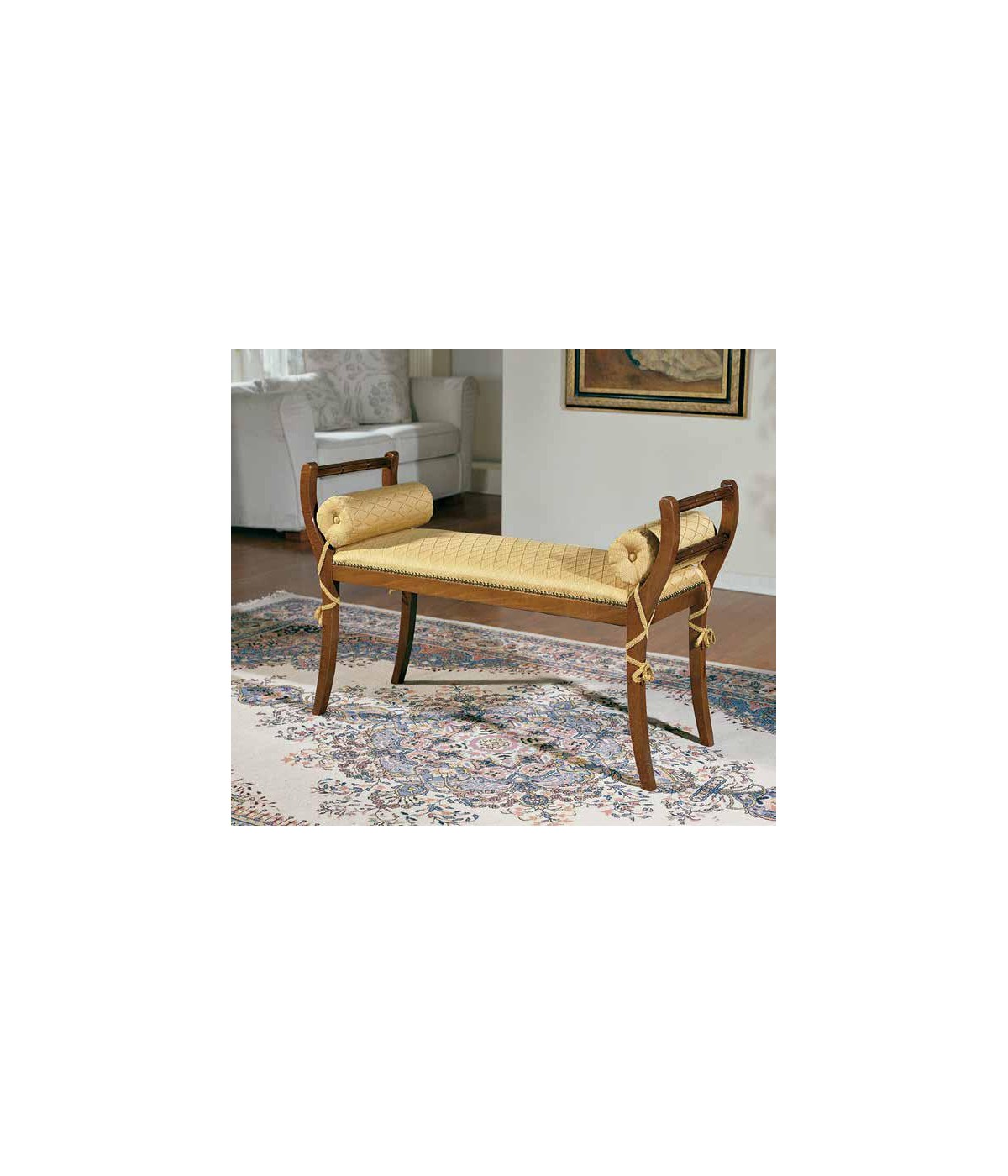 MOBILI 2G - PANCA IMBOTTITA IN LEGNO INTAGLIATO CON FREGI