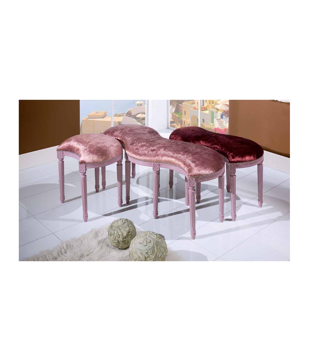 MOBILI 2G - SET 3 PANCHE SHABBY ROSA IMBOTTITE IN LEGNO INTAGLIATO