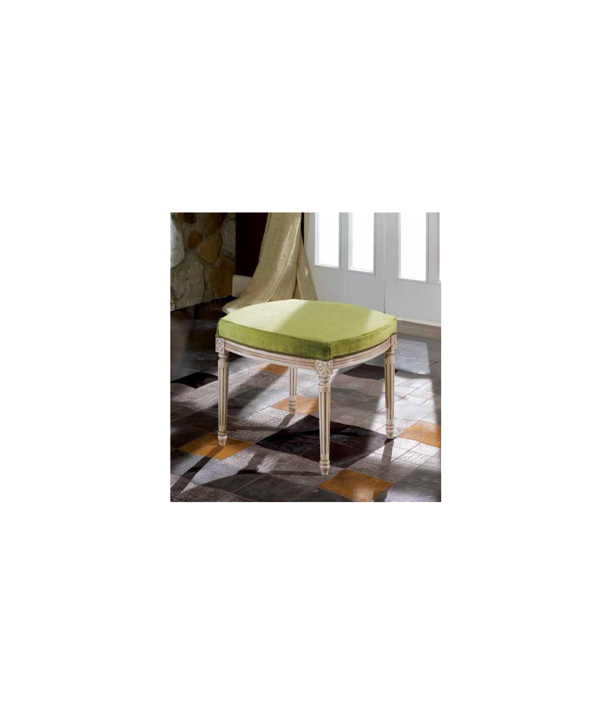 MOBILI 2G - PANCA IMBOTTITA SHABBY IN LEGNO CON INTAGLI E FREGI