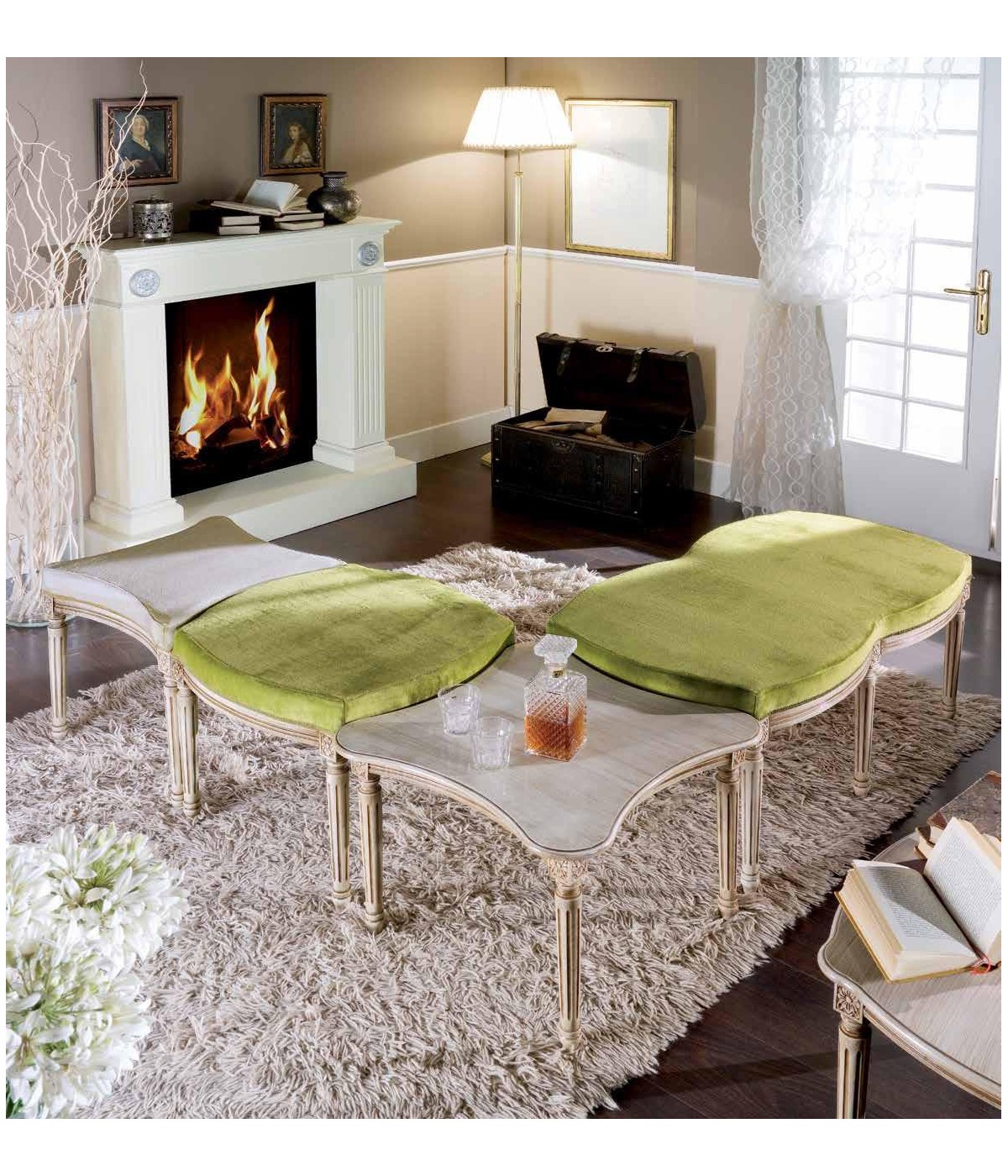 MOBILI 2G - DIVANETTO/PANCA IMBOTTITA SHABBY IN LEGNO CON INTAGLI