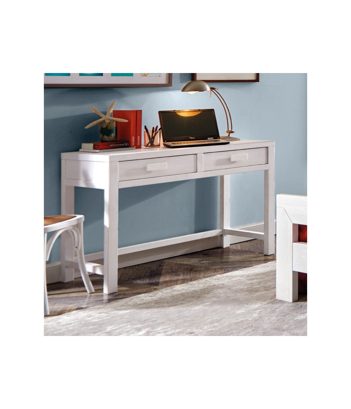 MOBILI 2G - SCRIVANIA 2 CASSETTI SHABBY BIANCO LEGNO MASSELLO DI ABETE 110X55X80 (3319) vista frontale