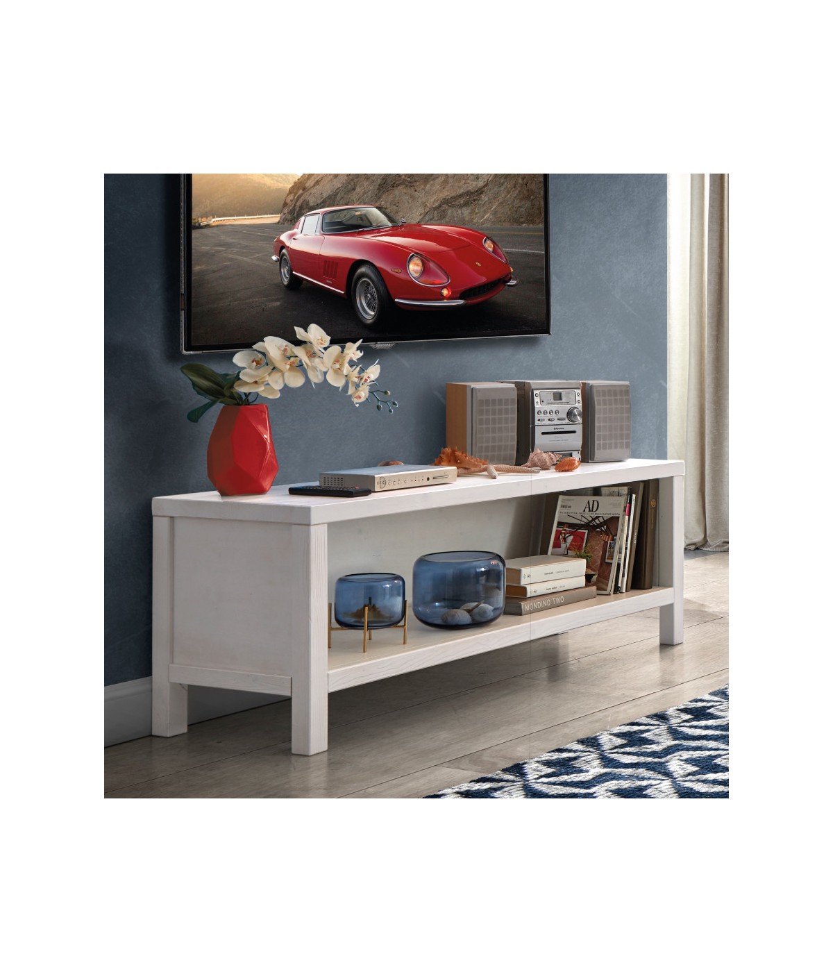 MOBILI 2G - PORTA TV A GIORNO SHABBY BIANCO IN LEGNO MASSELLO DI ABETE 140X45X52