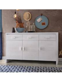 MOBILI 2G - CREDENZA 3 ANTE 3 CASSETTI SHABBY BIANCO IN LEGNO MASSELLO DI ABETE
