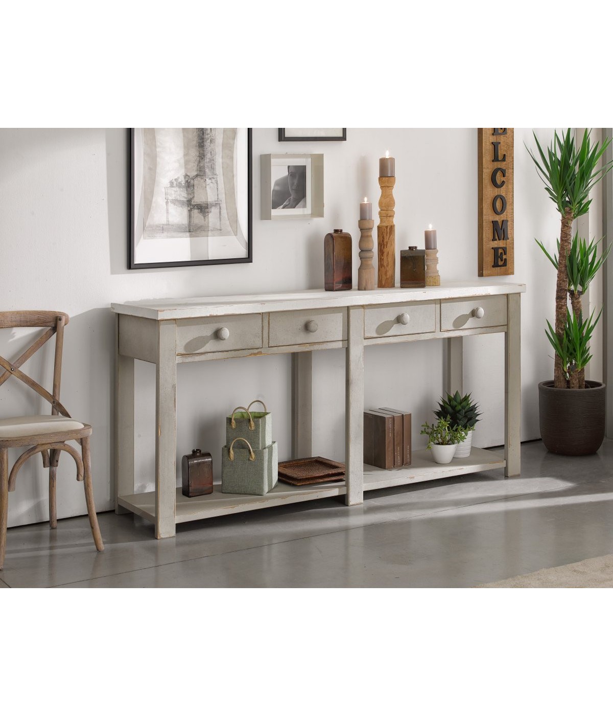 MOBILI 2G - BANCONE 4 CASSETTI 1 RIPIANO SHABBY GRIGIO IN LEGNO MASSELLO 200x50x90