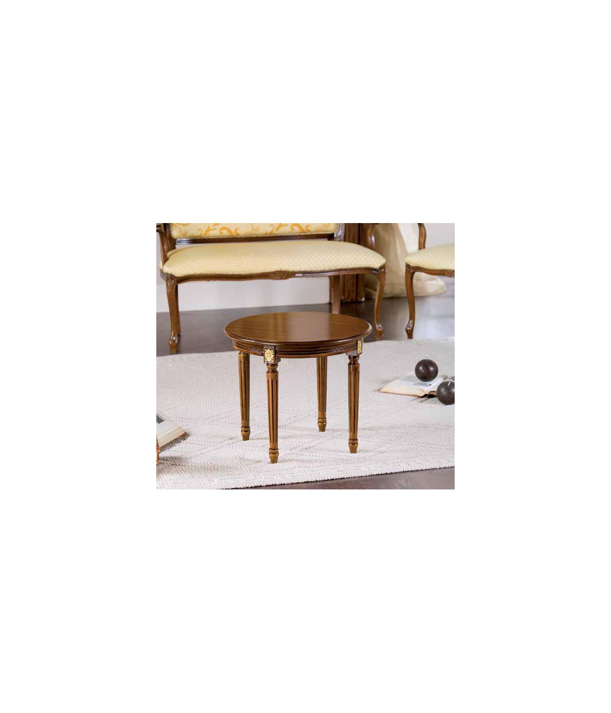 TAVOLINO ROTONDO DA SALOTTO IN LEGNO INTAGLIATO CON FREGI ORO 53x53x46