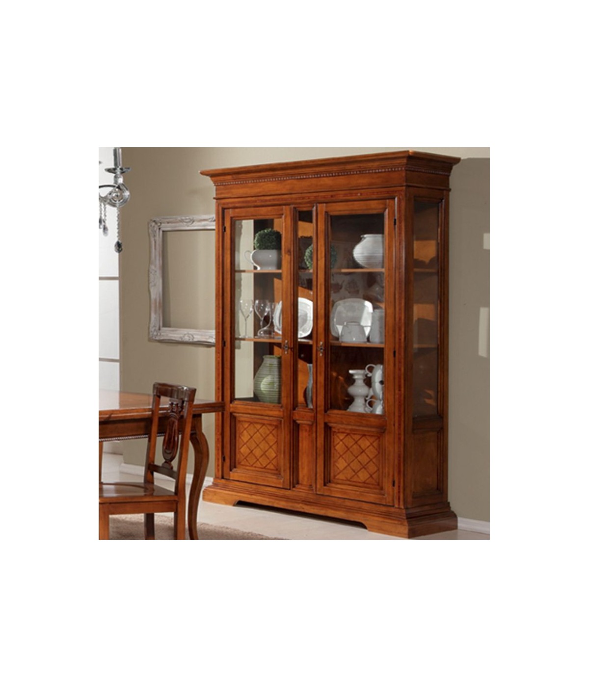 MOBILI 2G - VETRINA 2 PORTE IN LEGNO ARTE POVERA TINTA NOCE BASSANO 146X53X213