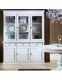 MOBILI 2G - CRISTALLIERA ARTE POVERA 3 PORTE IN LEGNO SHABBY BIANCO 156X42X205 vista frontale