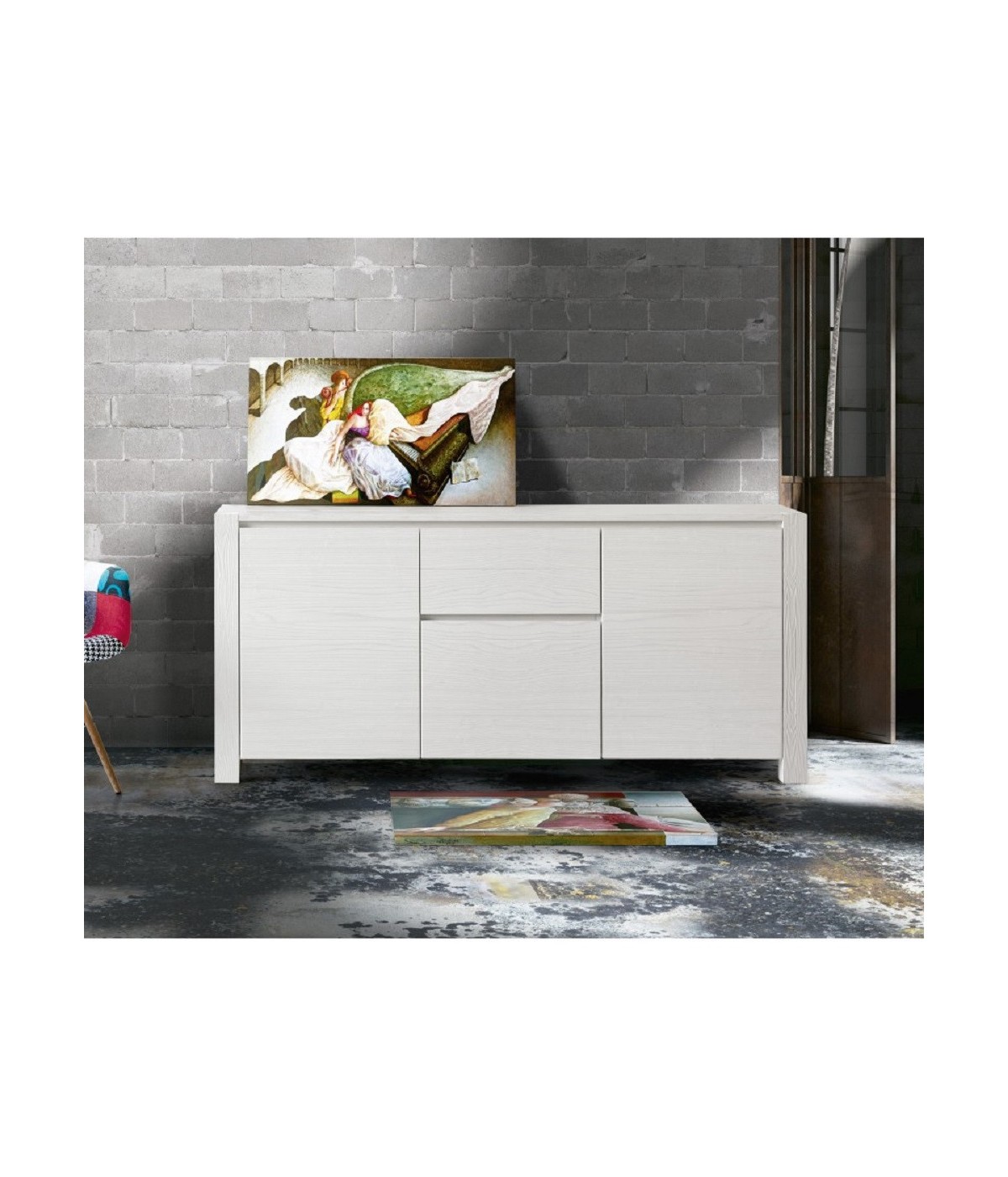 MOBILI 2G - MADIA MODERNA 2 ANTE E 2 CASSETTI ABETE BIANCO SPAZZOLATO  L.185P.50H.84 VISTA FRONTALE