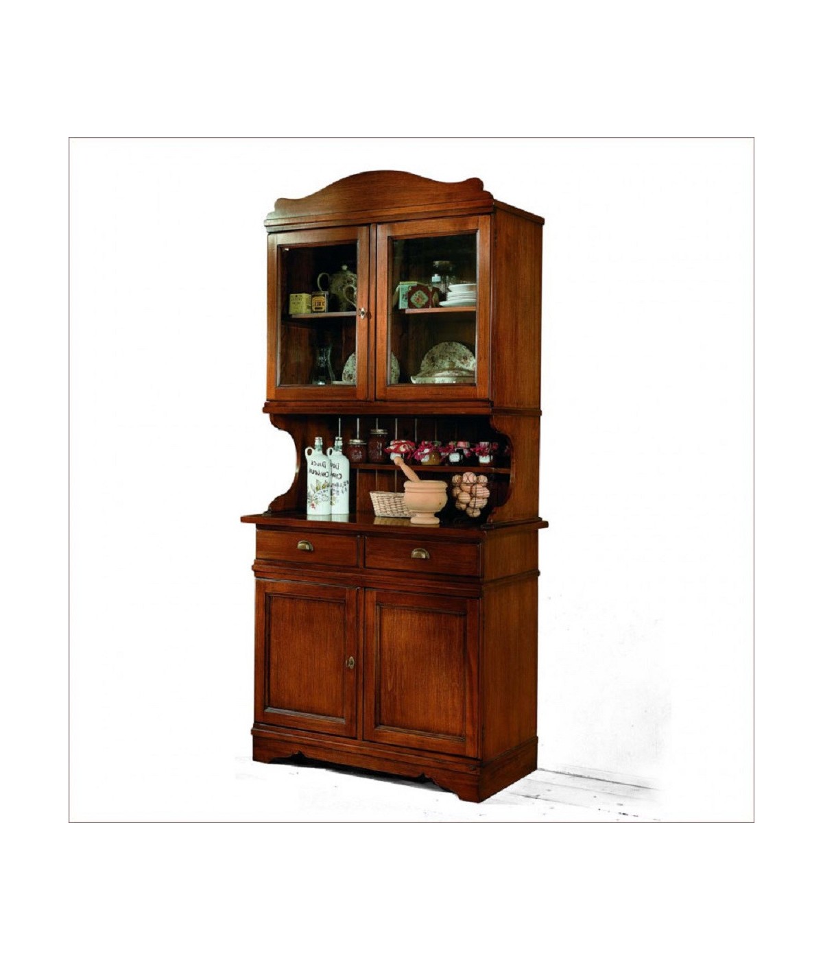 MOBILI 2G - CRISTALLIERA IN LEGNO MASSELLO 4 ANTE 2 CASSETTI TINTA NOCE L.105 P.52 H.210