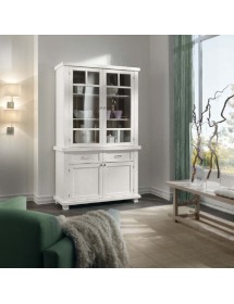 MOBILI 2G - CRISTALLIERA SHABBY IN LEGNO MASSELLO 4 ANTE 2 CASSETTI BIANCO OPACO L.120 P.45 H.198