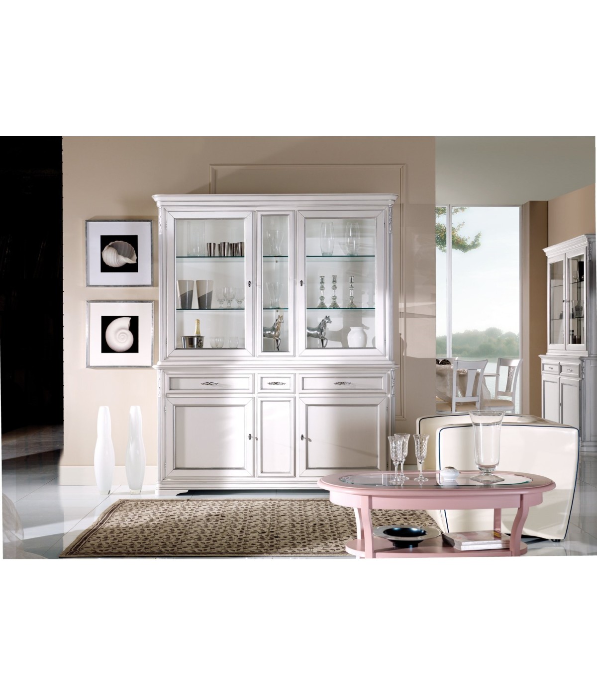 MOBILI 2G - CRISTALLIERA SHABBY IN LEGNO MASSELLO 4 ANTE 3 CASSETTI BIANCO OPACO L.180 P.50 H.220