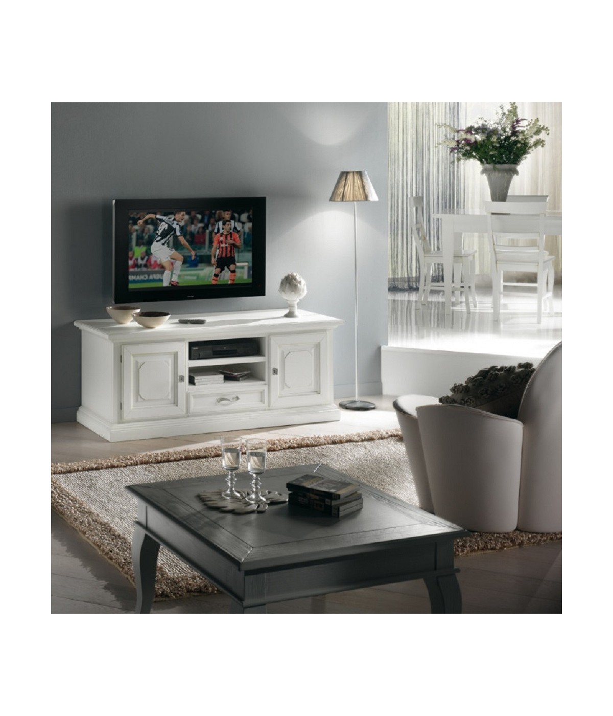 MOBILI 2G - PORTA TV IN LEGNO 2 ANTE SHABBY BIANCO L.152 P.55 H.60