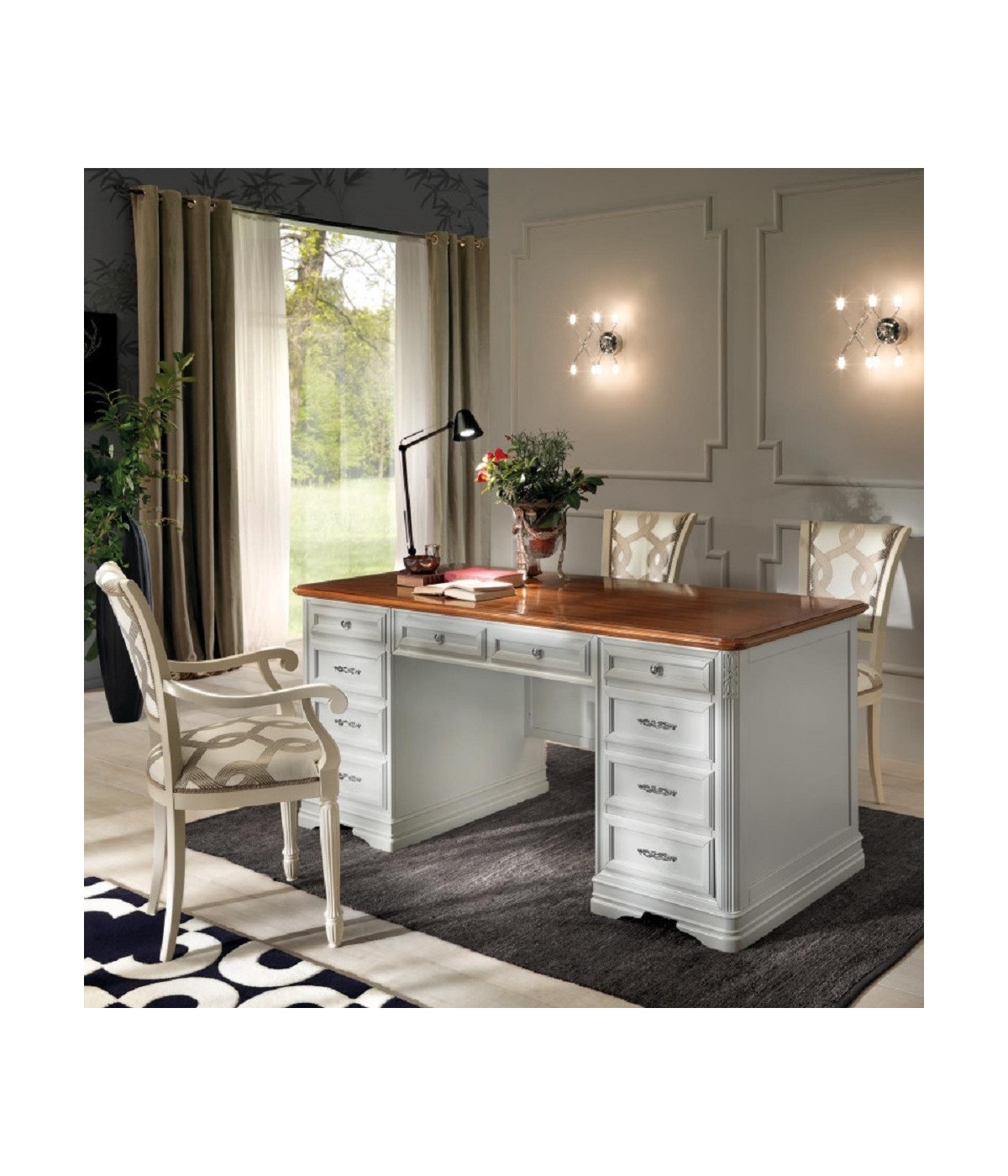 MOBILI 2G - SCRIVANIA CLASSICA 10 CASSETTI IN LEGNO BIANCO/NOCE 180X85X82