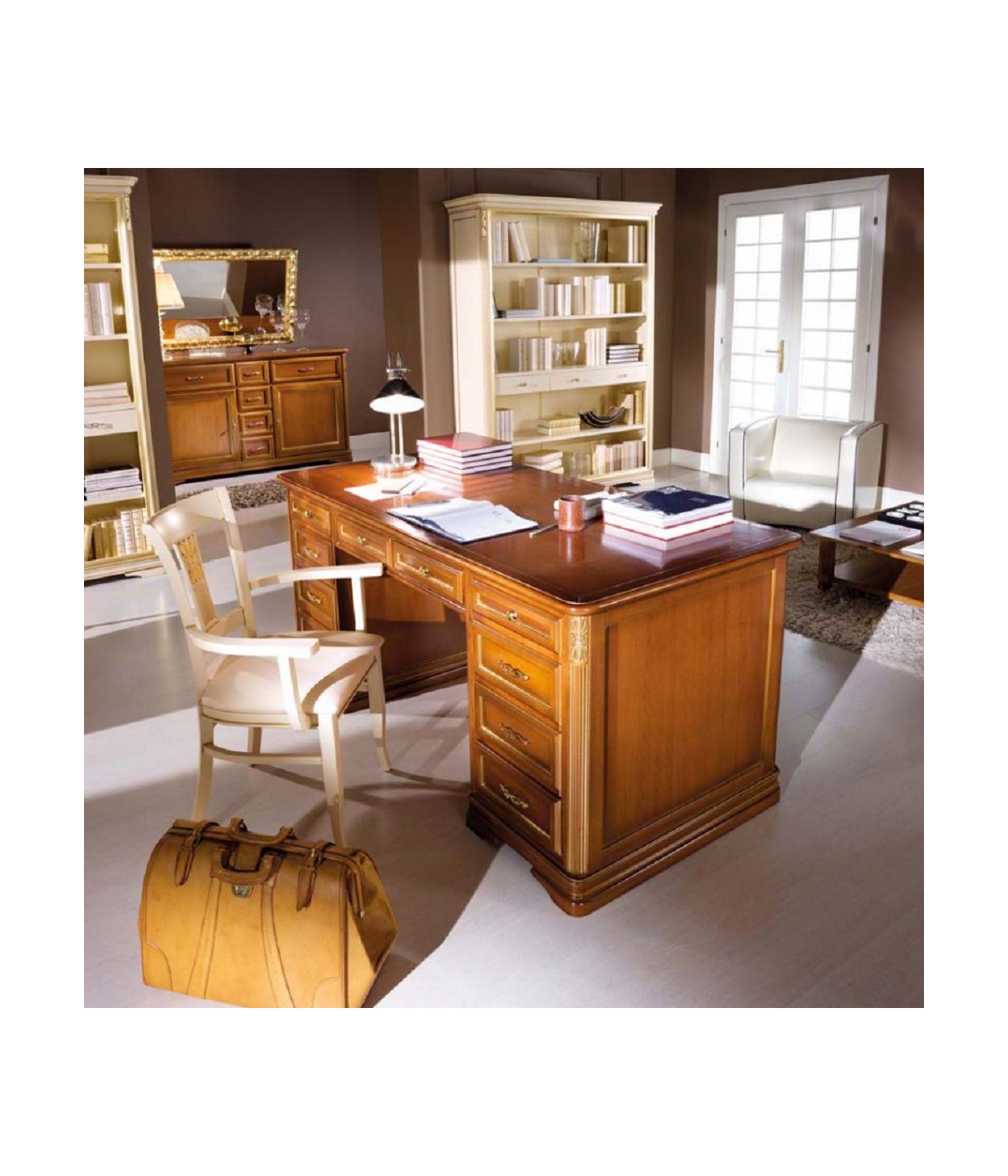 MOBILI 2G - SCRIVANIA CLASSICA 10 CASSETTI IN LEGNO  TINTA NOCE 180X85X82