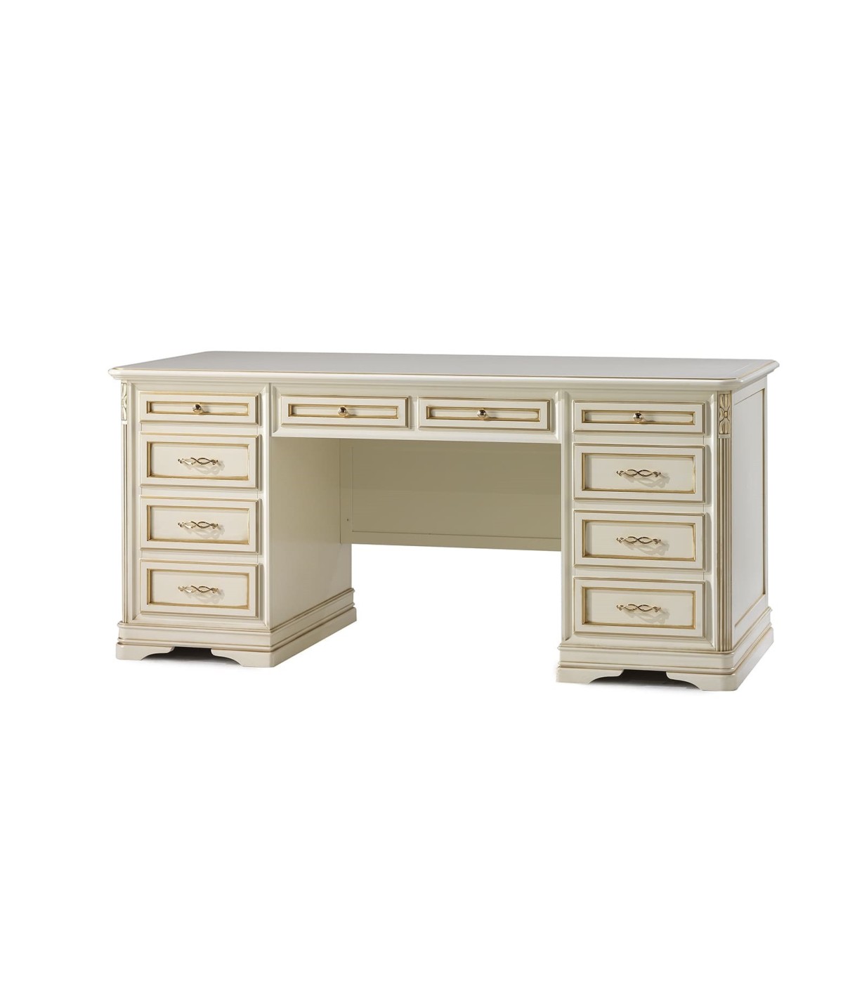 MOBILI 2G - SCRIVANIA SHABBY 10 CASSETTI IN LEGNO AVORIO/ORO 180X85X82