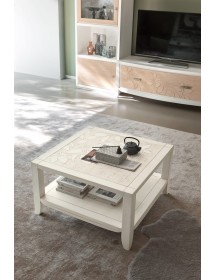 TAVOLINO SHABBY CON DECORO FOGLIA LEGNO MASSELLO BIANCO L.70 P.70 H.40