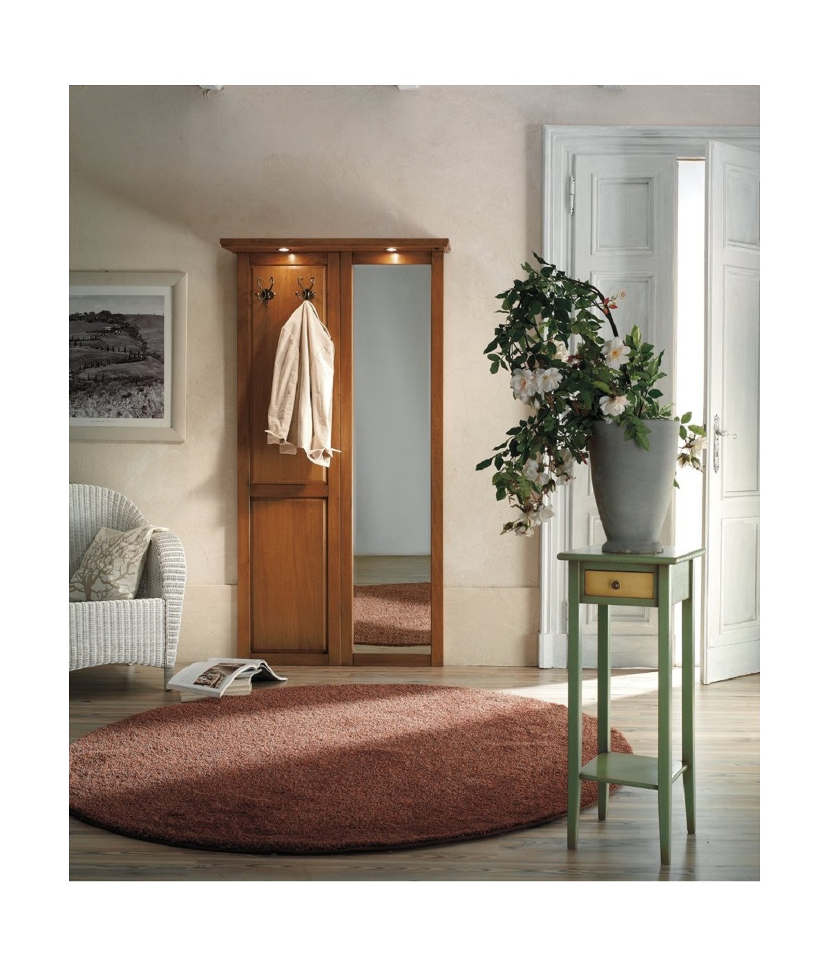 MOBILI 2G - APPENDIABITI ARTE POVERA CON SPECCHIO IN LEGNO TINTA NOCE L. 106 P. 23 H. 204