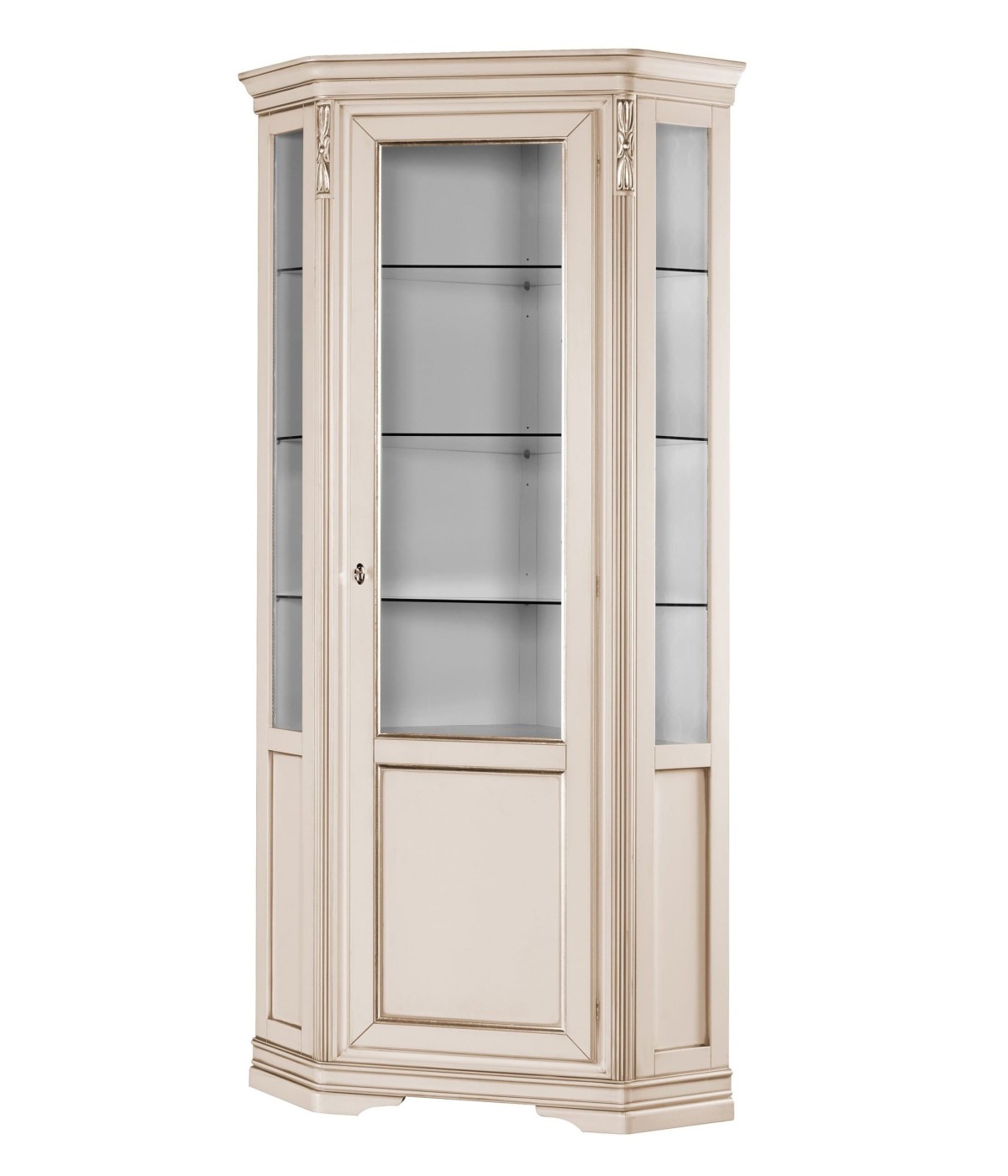 MOBILI 2G - VETRINA ANGOLO SHABBY IN LEGNO MASSELLO 1 PORTA AVORIO/ARGENTO L.76 P.76 H.215