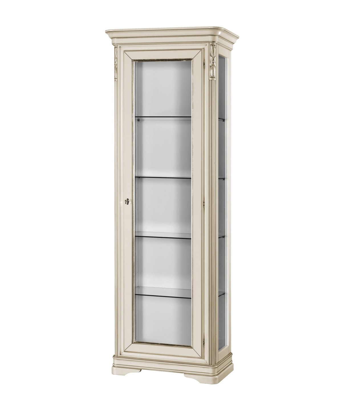 MOBILI 2G - VETRINA SHABBY IN LEGNO MASSELLO 1 PORTA LACCATO AVORIO/ARGENTO L.74 P.43 H.215